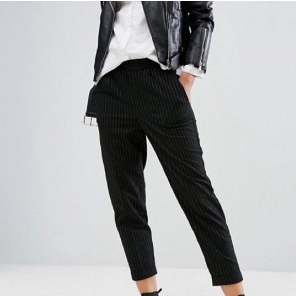 Pull & Bear Peg trousers in pinstripe black pants medium